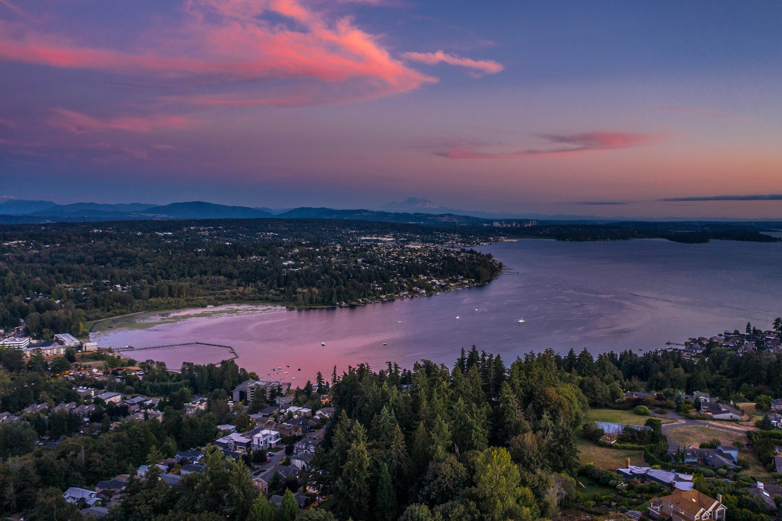 Aerial view of Kirkland and Lake Washington at sunset